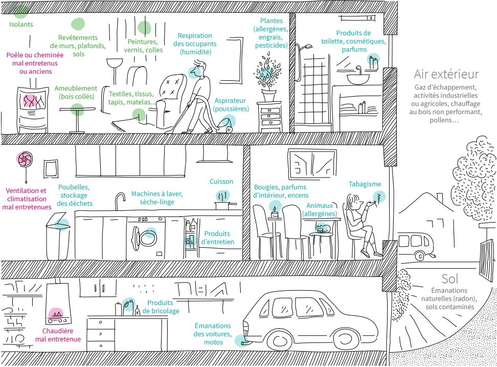 Dans une maison, les polluants proviennent de multiples sources (intérieures et extérieures).
Dans le salon et les chambres :
isolants,
poêle ou cheminée mal entretenue ou ancienne,
revêtements de murs,
plafonds,
sols,
ameublement (bois collés),
peintures,
vernis,
colles,
textiles,
tissus,
tapis,
matelas,
respiration des occupants (humidité),
aspirateur (poussières),
plantes (allergènes, engrais, pesticides)…
Dans la salle de bains :
produits de toilette,
cosmétiques,
parfums…
Dans la cuisine :
ventilation et climatisation mal entretenues,
poubelles,
stockage des déchets,
machines à laver,
sèche-linge,
produits d’entretien,
cuisson…
Dans la salle à manger :
bougies,
parfums d’intérieur,
encens,
animaux (allergènes),
tabagisme…
Dans le sous-sol et garage :
chaudière mal entretenue,
produits de bricolage,
émanations des voitures ou motos…
De l’air extérieur :
gaz d’échappement,
activités industrielles ou agricoles,
chauffage au bois non performant, pollens…
Du sol :
émanations naturelles (radon),
sols contaminés…